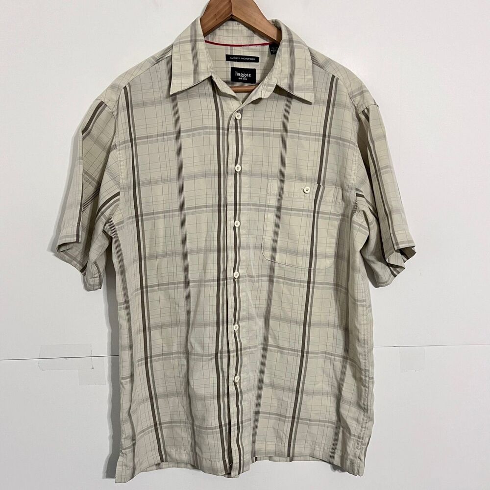 Haggar Mens Shirt Size M Beige Plaid Luxury Microfiber Short Sleeve Button Up